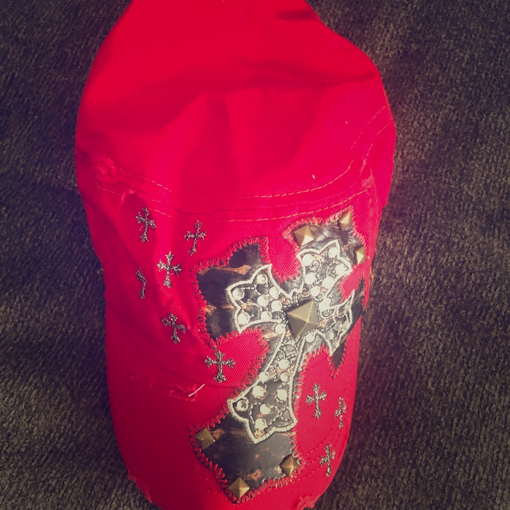 Bling cross adjustable distressed hat